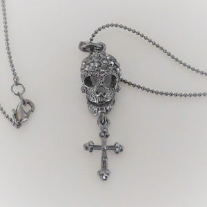Gunmetal Marcasite Skull and Cross Necklace